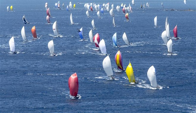 Colourful spinnakers racing downwind - Giraglia Rolex Cup 2012 &copy;  Rolex/ Kurt Arrigo http://www.regattanews.com